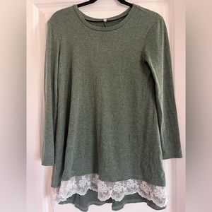 Olive Green Long Sleeve Blouse with Lace Trim